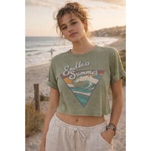 Endless Summer Crop Tee Small Green Surf Graphic Y2K Coastal Retro